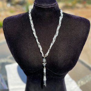Sexy Lariat Style Layering Jeweled Crystal Tassel Necklace White Silver Tone NWT